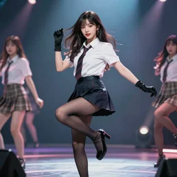 a dynamic, epic cinematic 8K HD movie shot of a japanese beautiful cute young T-Pop idol actress girl wearing shirt, miniskirt, pantyhose, high heels and gloves. Motion, VFX, Inspirational arthouse, at Behance, with Instagram filters