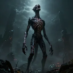 epic portrait cinematic shot an tall skinny creature with long arms and legs and neck screaming while staring at the sky and covered in black substance, apocalyptic backround, creepy, scary, atmospheric, dark, fine details. night setting. realistic shaded lighting poster by craig mullism, artgerm, jeremy lipkin and michael garmash, unreal engine, radiant light, detailed and intricate environment, digital art, trending on art station,