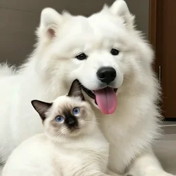 a photo of a samoyed dog with its tongue out hugging a white siamese cat