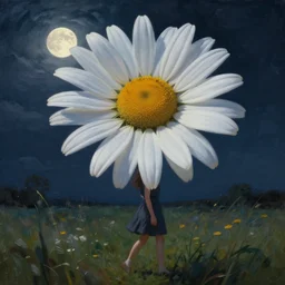 giant daisy flower as a head, girl walking in field, surreal photography, moon light, dark night, dramatic, impressionist painting, clouds, digital painting, artstation, simon stalenhag