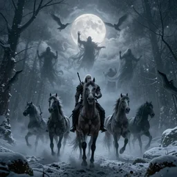 the wild hunt, otherworldly spectres riding in the sky, wraiths of morhogg, undead horses, bad omen, enchanted forest, blizzard storm, fog, full moon, twilight, snowy environment, howls in the night, in the style of the witcher series, hyperrealism, atmospheric, cinematic, breathtaking, award winning, groundbreaking, octane render, unreal 5, intricate digital art, sharp focus, 8 k high resolution