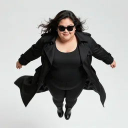 thick chubby filipina pyrokinetic superhero, long black trench coat, sunglasses, sly grin, fully clothed, exaggerated perspective, flying toward camera, beautiful detailed face, bright blue hair, action pose, comic book style, highly detailed, dynamic shadows, dynamic lighting, geoff johns, jason fabok, jason fabok, brad anderson, splash art