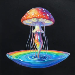a chakra mushroom lsd limerence paintbrush brain jellyfish nervous system suspended in rainbow liquid paint lake on a alien planet, black paper, obscure, serendipity, gustave darrow, dan mumford, moebius