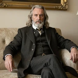 older handsome lord ryszard is sitting gracefully on a sofa