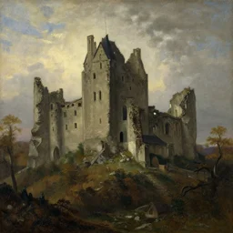 a painting of a ruined castle, in the style of caspar david friedrich