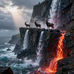 satanic mountain goats 🐐 with glowing red eyes, on a sheer obsidian cliffside with lavaflow, lava waterfalls, photorealistic landscape render, octane render, vray, pools of lava, beautiful, ambient occlusion, particle effects, breaking ocean waves, light bloom, rtx, wide shot
