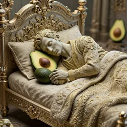 avocado man going to sleep in a comfy bed intricate detail, finely detailed, small details, extra detail, photorealistic, high resolution, vray, hdr, hyper detailed, insane details, intricate, elite, ornate, elegant, luxury, dramatic lighting, octane render, weta digital, micro details, 3 d sculpture