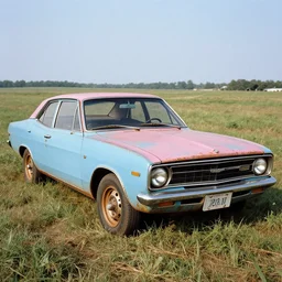 A photograph of a rusty!!!!!!!!!!!! Powder Blue Dodge Aspen (1976) in a farm field, photo taken in 1989