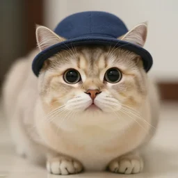 smol fluffy cat wearing smol hat, big round cat eyes