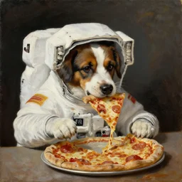 An oil painting of an astronaut dog eating pizza by Rembrandt