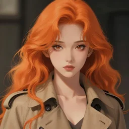 portrait illustration by shigenori soejima, beautiful foxgorl, focus on face, pretty, cinematic lighting, painterly, long wavy orange hair, light brown trenchcoat