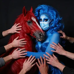 zeiss lens photograph andreas gursky only with blue drag queen in love with a red stallion too many hands in all directions doctors mask in the style of gottfried helnwein chiaroscuro intricate composition blue light by caravaggio insanely quality highly detailed masterpiece red light