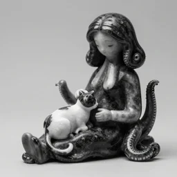 marble miniature - man petting cat on lap, tall airmchar, tenctacle, black and white