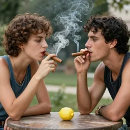 two friends smoking cigars and arguing over a lemon, 4k