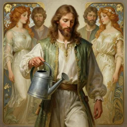 jesus wearing gardening outfit holding watering can, diffuse lighting, fantasy, intricate, elegant, highly detailed, lifelike, photorealistic, digital painting, artstation, illustration, concept art, smooth, sharp focus, art by john collier and albert aublet and krenz cushart and artem demura and alphonse mucha