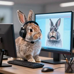 A rabbit, playing on a computer, wearing a headset, big monitor, angry, realistic, HDR shot