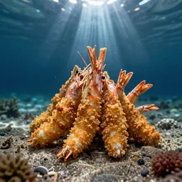 underwater photo of breaded scampi on the seafloor zenith view,