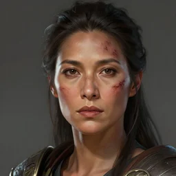 beautiful, very strong, mixed race, female, middle aged, face, no makeup, scarred, warrior, head shot, fantasy, highly detailed, digital painting, artstation, concept art, smooth, sharp focus, illustration, art by jodie muir and brom