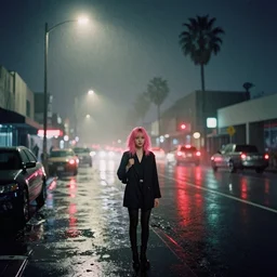street of los angeles, photography, night, rain, mist, a girl with pink hair, cinestill 8 0 0 t, in the style of william eggleston