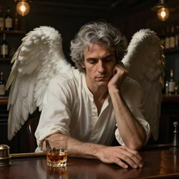 hyper detailed ultra sharp of a beautiful deeply wistful grown male gray - haired angel with big wings sitting alone in the old bar with one glass of whiskey, art by jack vettriano. trending on artstation, hyper detailed, digital art, cinematic lighting, 8 k