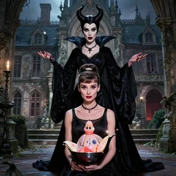a mix of of lily cole, anya taylor - joy and audry hepburn, evil sorceress, dark magic, evil, 1 8 th century manor, hyperrealism, 8 k, octane render, photorealistic, extremely detailed, intricate, style of mark ryden, lostfish, earl nore, hyung tae, frank frazetta