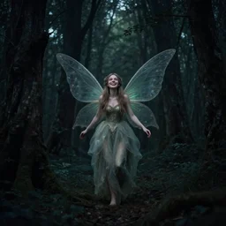 a joyful fairy princess, in a dark forest, telephoto, cool tones, underexposed, overecast, mysterious matte painting by greg rutkowski and marc simonetti and ivan shishkin, 4 k