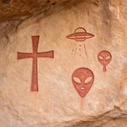 4 k photography of petroglyphs representing crosses, ufo and alien symbols on a cave