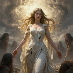 portrait of a gorgeous girl as a  ever-reaching  Goddess of despair, cracks, disaster, whirlwind, cinematic, eve, beautiful soft light, saving the world blind and hungry souls around. a futuristic diety, fantasy, intricate, elegant, human anatomy, natural light, golden hour, highly detailed, digital painting, artstation, wide angle, smooth, sharp focus, illustration, art by brom, tian zi and WLOP and alphonse mucha, masterpiece, 3d blender, mitch foust, Clyde Caldwell, dof