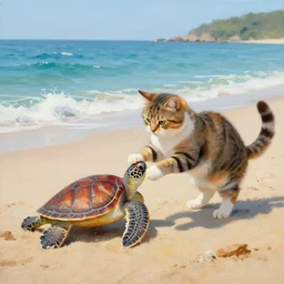 painting of a cat on the beach playing with a turtle in the ocean
