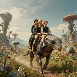 70mm still from a sci fi blockbuster movie made in 2022, set in 1860, of a family riding on the back of alien creatures, on an alien planet, across the alien landscape that is full of strange wild alien plants and flowers, family are wearing 1850s era clothes, good lighting, 8k, in focus faces, good quality photography