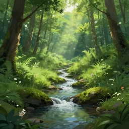 Small creek, in the forest, mountains, crepuscular rays, green lush, foliage, flowers, digital art, illustration, high quality