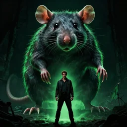 horror movie poster about a man vs. a giant mutant rat, dramatic lighting from below, green rim light, dark background, 4K