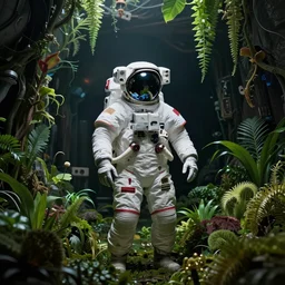 an astronaut, alone, in an empty dark flooded oval office in the white house, overgrown with aquatic plants, digital art, artstation