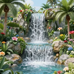 cascading concept art of an exotic garden with waterfall and flowers and palm trees, hibiscus, detailed, highly detailed, aesthetic, realistic, hyper realism, colorful, in depth, intricate,
