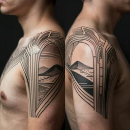 mirrored minimalist art deco shoulder tattoo, wide, intricate detail, simple lines