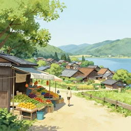japanese village, fruit market, trees, and lake, by anton fadeev