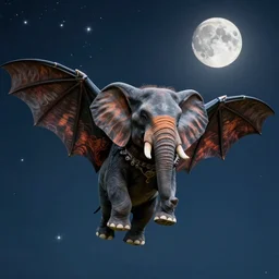 Bat with a Elephant face, highly detailed, lifelike, photorealistic, sharp focus, A24!film cinematography, unreal engine, cinematic, hyper realism, high detail, stars in sky, stars, moon,-n4