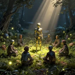 extraterrestrial gentlemen surrounded by fireflies, artstation, kinkade