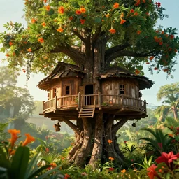 live action cinematic version of swiss family robinson, robinson family treehouse, volumetric lighting, blooming tropical flowers and datura, cinematic