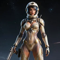 sexy pilot ornate feminine cyborg in full body skin space suit, arab helmet, concept art, joshua rife, gun, intricate, highlydetailed, space background, artstation 4 k raytracing, shadows, highlights, illumination