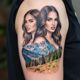 double exposure effect tattoo sketch of megan fox and beautiful mountain scenery, in the style of brandon kidwell