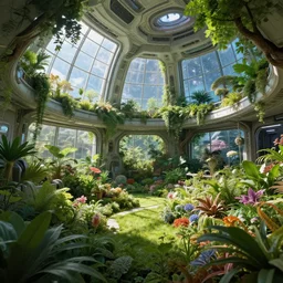 a garden inside a spaceship in space, large windows, overgrowing with plants and vegetation, brightly lit, sunny, highly detailed, trees, flowers, science fiction, utopian, 4 k, art by artgerm