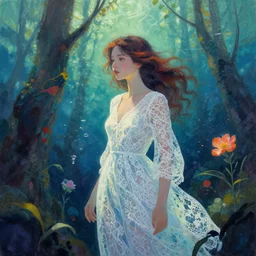 girl in a lace dress in underwater woods. complementary colors, gouache, indie concept art, bloom, chiaroscuro, backlighting, intricate details.