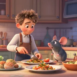 Stuart Little and Remy from Ratatouille on the kitchen counter cooking dinner, 4k, cinematic, bright, colorful, food
