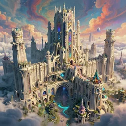 amazing beautiful chaos realm castle in the nexus, art nouveau architecture, massive ramparts, hyperdetailed infrastructure by greg rutkowski, moebius and rodney matthews, artstation, epic psychedelic atmosphere, clouds, photorealism, complex color scheme, uhd