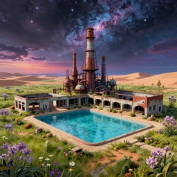a beautiful detailed highly detailed nature industrial architecture pool abandoned building unfinished building by camille pissarro, cosmic at dawn retrowave azeroth nature reclaimed by nature hyperrealism meadow desert at spring, archdaily, wallpaper, highly detailed, trending on artstation.