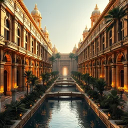 bright art deco brownstone egyptian temples, with walkways and canals, exterior, extreme opulence, realistic, high detail, utopia, cinematic, futuristic, lush oasis, highly detailed hyperornate