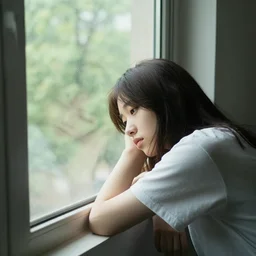 an emo girl looking out of her window on a hot day, exhausted, view from inside