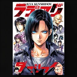 professionally drawn 9 0 s seinen seinen seinen mature cyberpunk horror detective action manga comic cover, full color, beautifully drawn coherent professional, drawn by ilya kuvshinov, ilya kuvshinov, and hiromu arakawa and tsutomu nihei. japanese script on the cover. stern woman in foreground with blue eyes. award - winning manga.