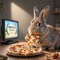 A lop rabbit eating pizza while watching tv